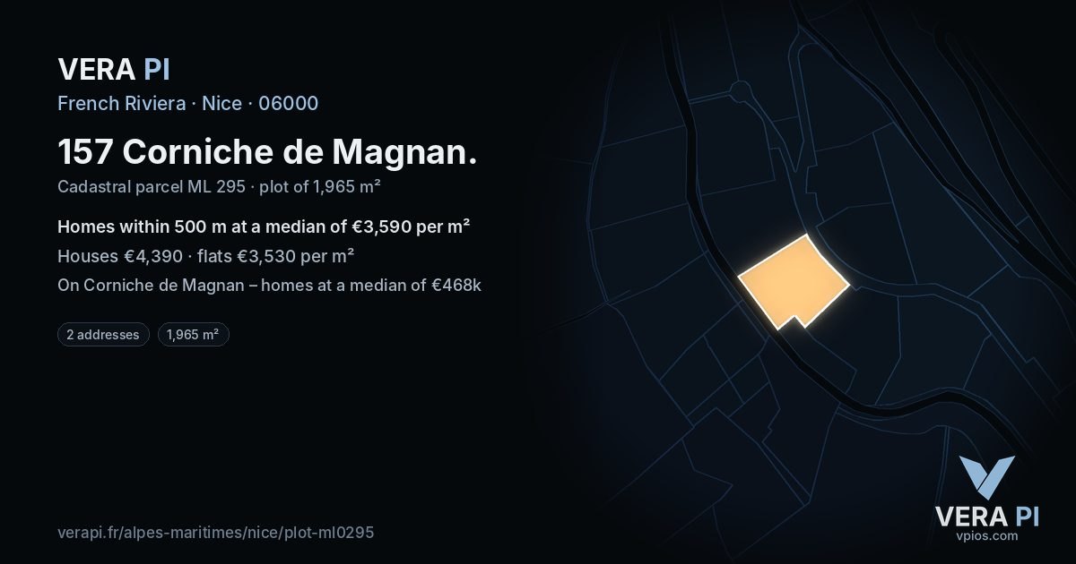 157 Corniche de Magnan, Nice at night – the plot lit, the parcels around coloured by the prices near them
