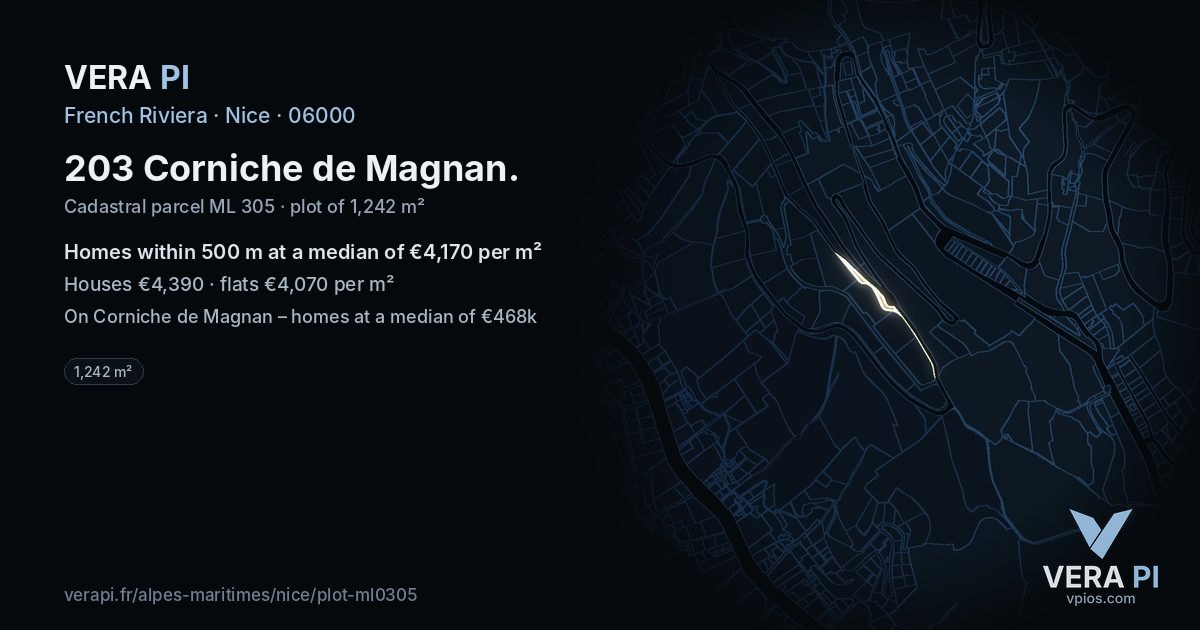 203 Corniche de Magnan, Nice at night – the plot lit, the parcels around coloured by the prices near them