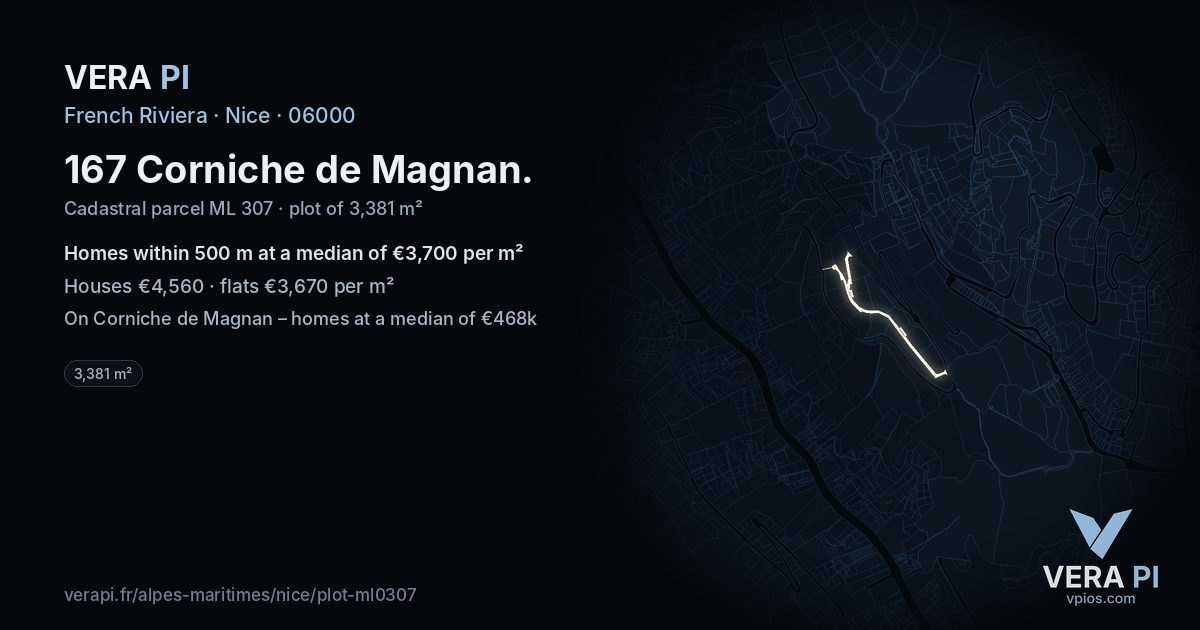 167 Corniche de Magnan, Nice at night – the plot lit, the parcels around coloured by the prices near them