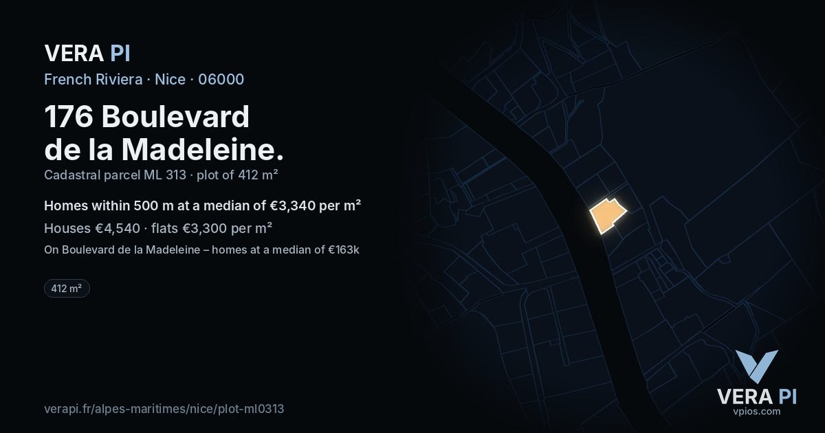 176 Boulevard de la Madeleine, Nice at night – the plot lit, the parcels around coloured by the prices near them