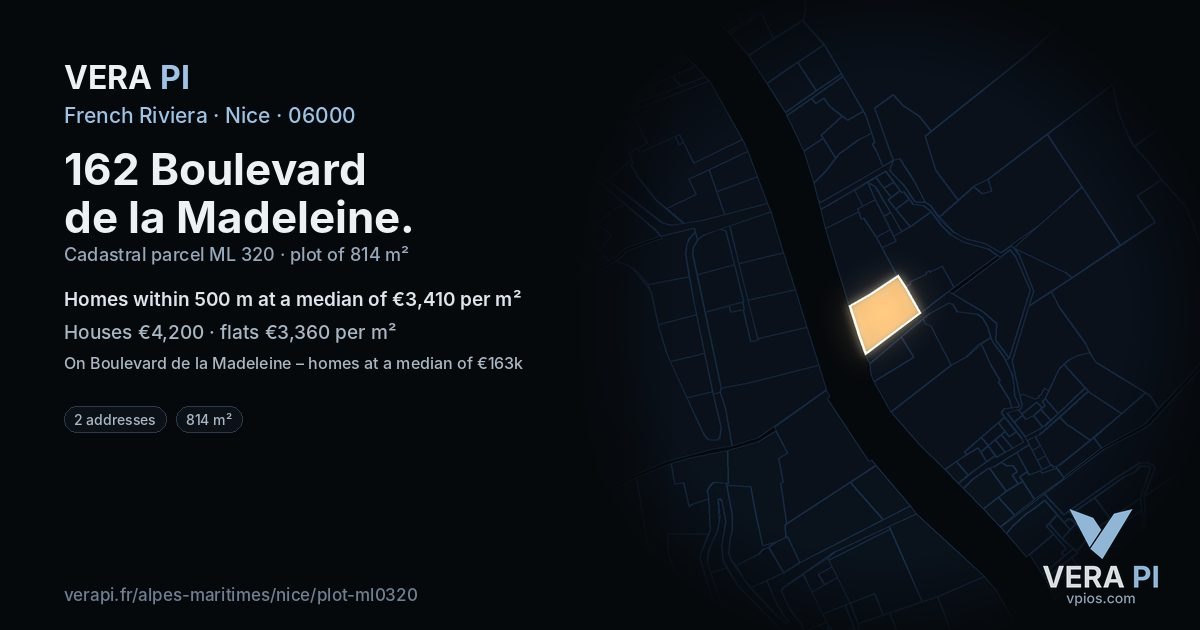 162 Boulevard de la Madeleine, Nice at night – the plot lit, the parcels around coloured by the prices near them