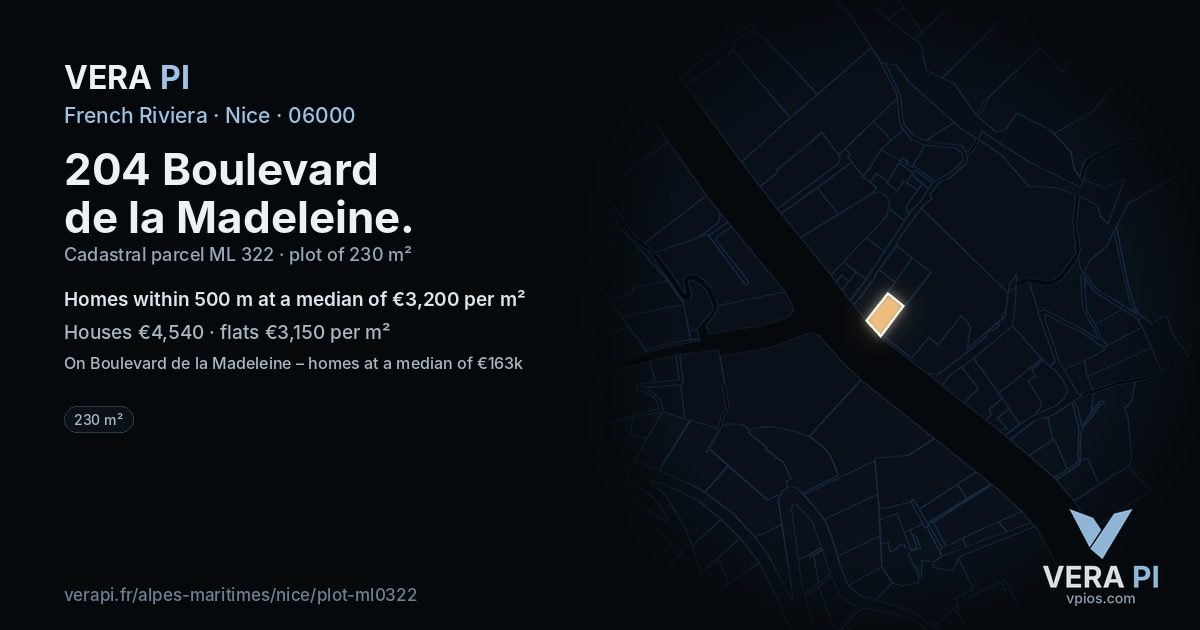 204 Boulevard de la Madeleine, Nice at night – the plot lit, the parcels around coloured by the prices near them