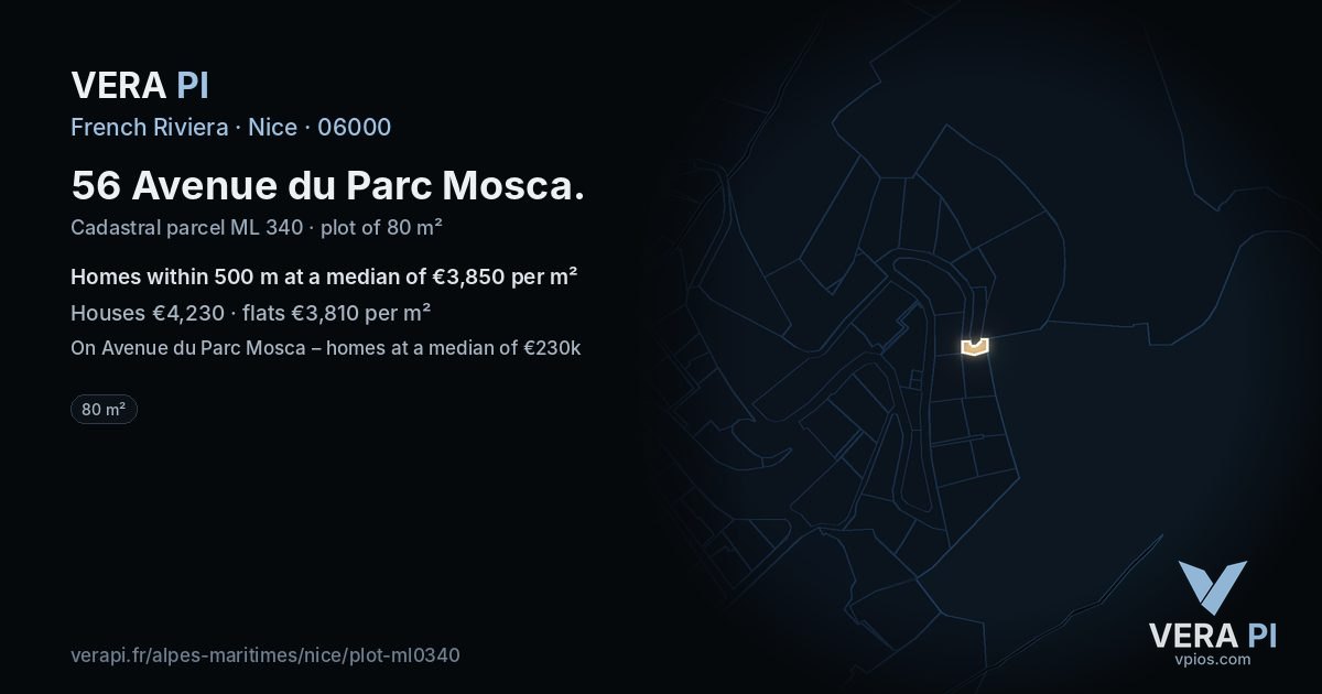 56 Avenue du Parc Mosca, Nice at night – the plot lit, the parcels around coloured by the prices near them