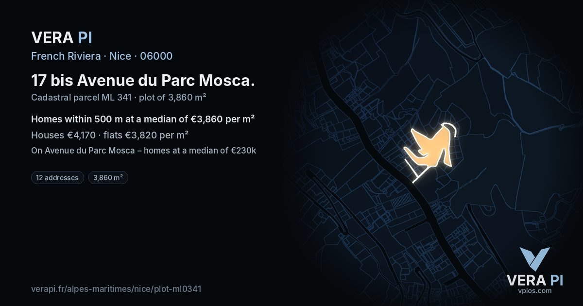 17 bis Avenue du Parc Mosca, Nice at night – the plot lit, the parcels around coloured by the prices near them