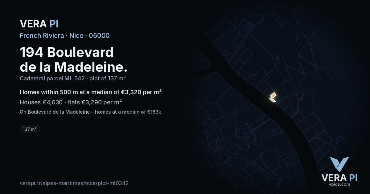 194 Boulevard de la Madeleine, Nice at night – the plot lit, the parcels around coloured by the prices near them