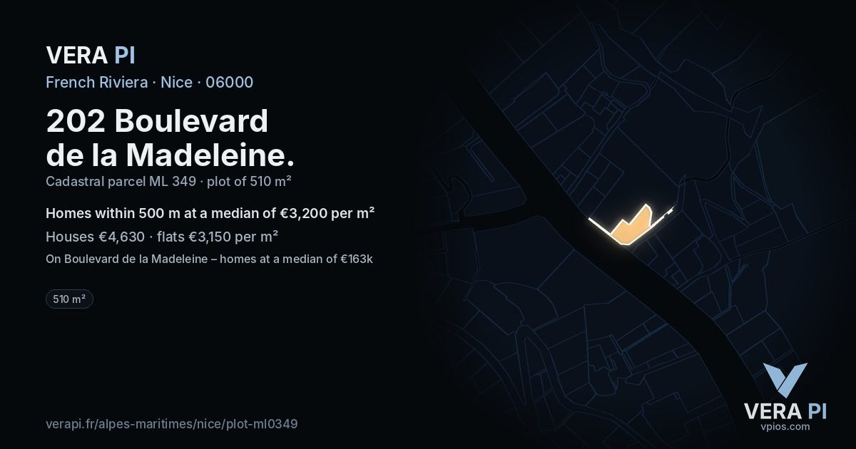202 Boulevard de la Madeleine, Nice at night – the plot lit, the parcels around coloured by the prices near them