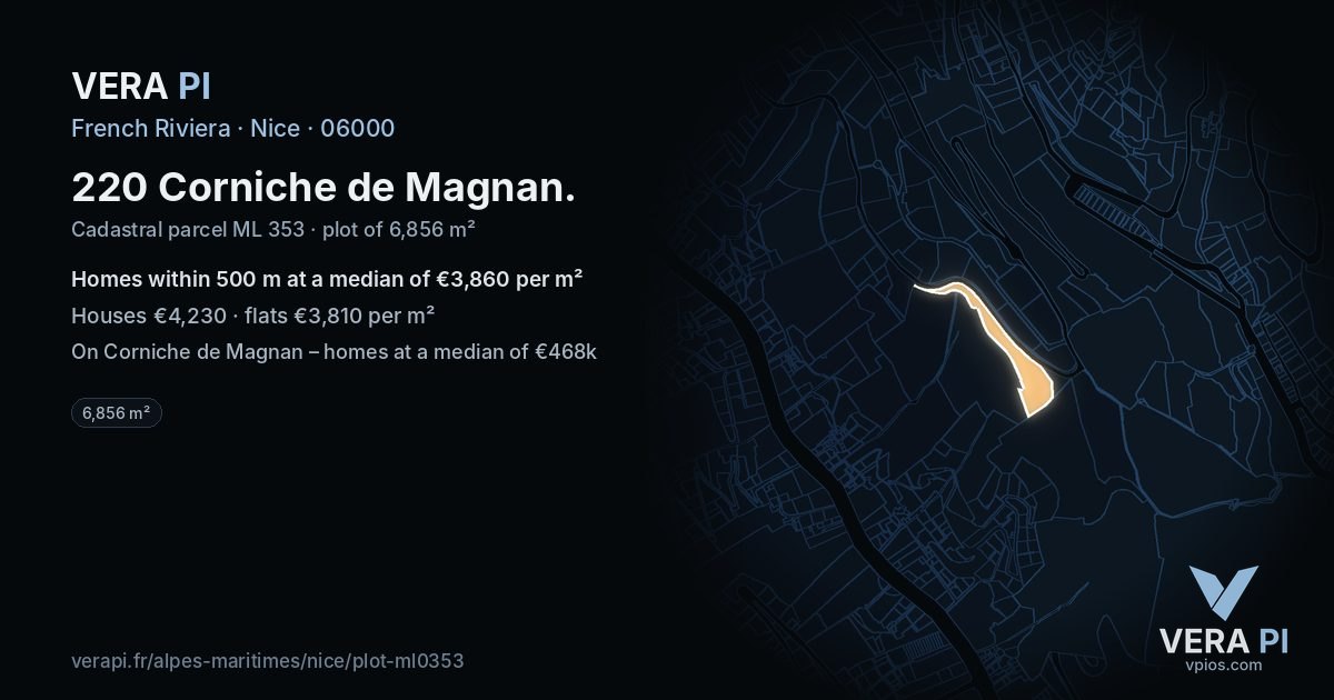 220 Corniche de Magnan, Nice at night – the plot lit, the parcels around coloured by the prices near them