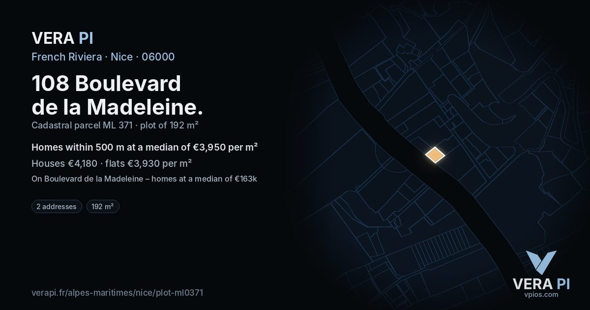 108 Boulevard de la Madeleine, Nice at night – the plot lit, the parcels around coloured by the prices near them