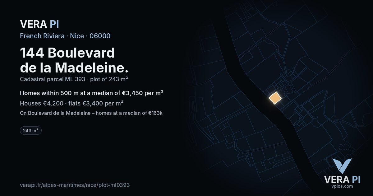 144 Boulevard de la Madeleine, Nice at night – the plot lit, the parcels around coloured by the prices near them