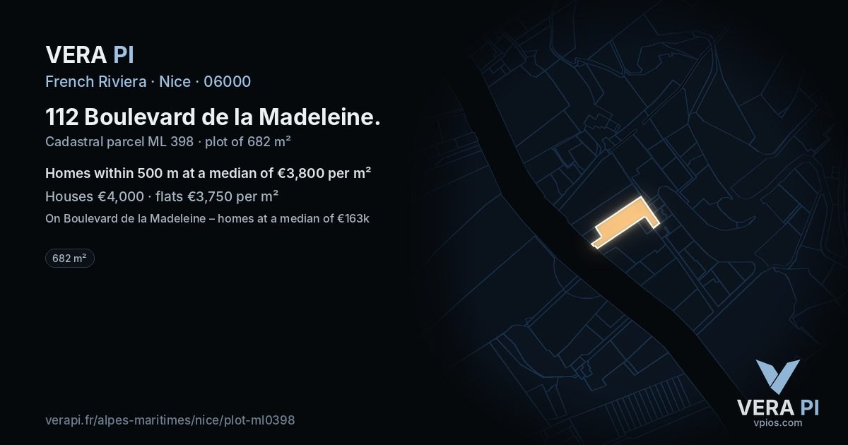 112 Boulevard de la Madeleine, Nice at night – the plot lit, the parcels around coloured by the prices near them