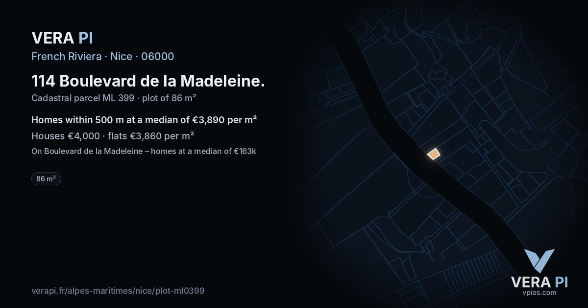 114 Boulevard de la Madeleine, Nice at night – the plot lit, the parcels around coloured by the prices near them