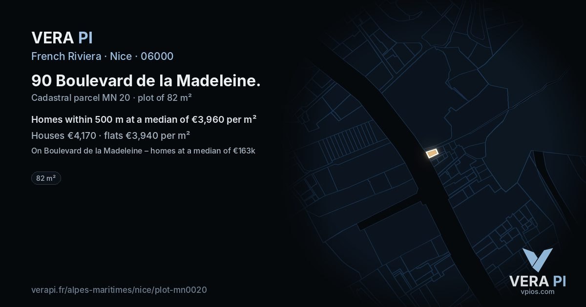 90 Boulevard de la Madeleine, Nice at night – the plot lit, the parcels around coloured by the prices near them