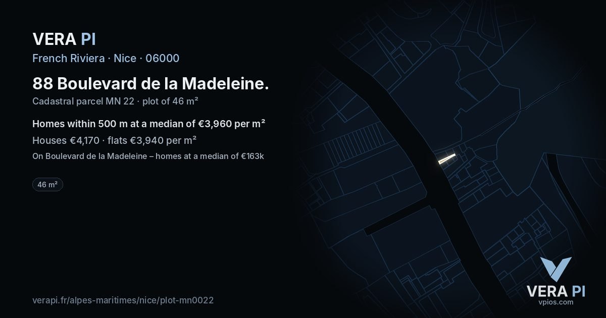 88 Boulevard de la Madeleine, Nice at night – the plot lit, the parcels around coloured by the prices near them