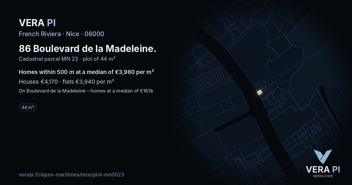 86 Boulevard de la Madeleine, Nice at night – the plot lit, the parcels around coloured by the prices near them
