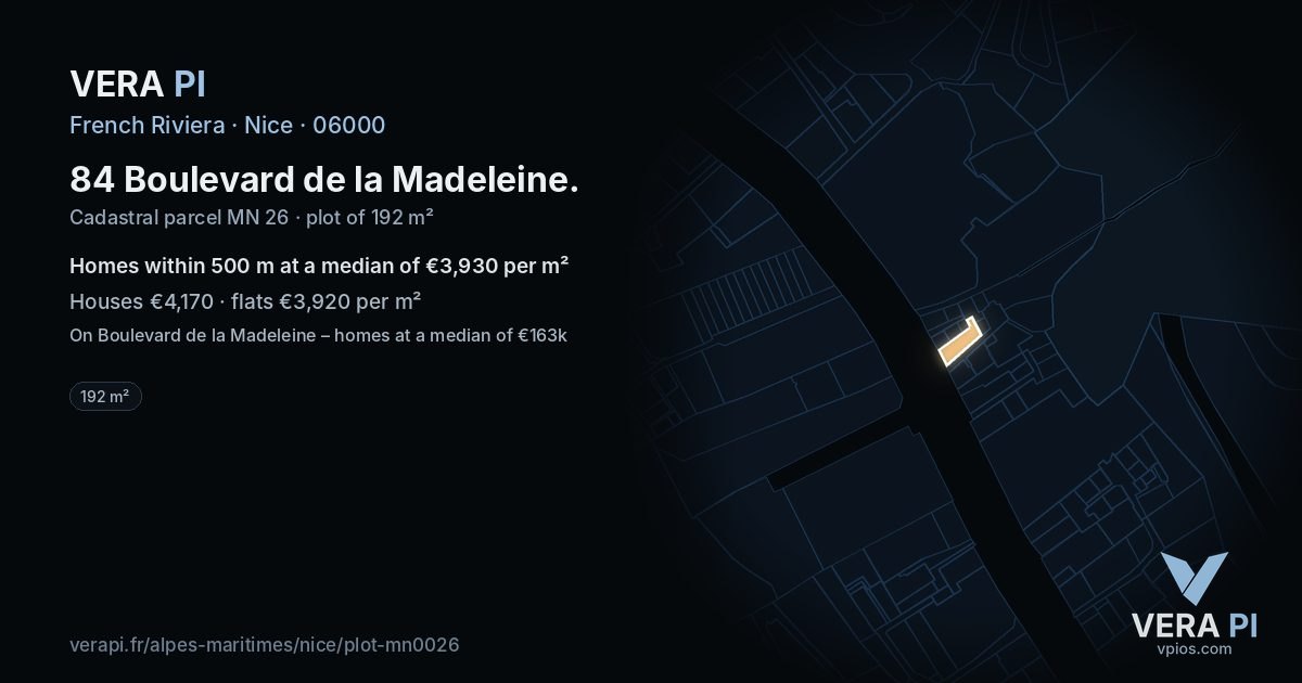 84 Boulevard de la Madeleine, Nice at night – the plot lit, the parcels around coloured by the prices near them