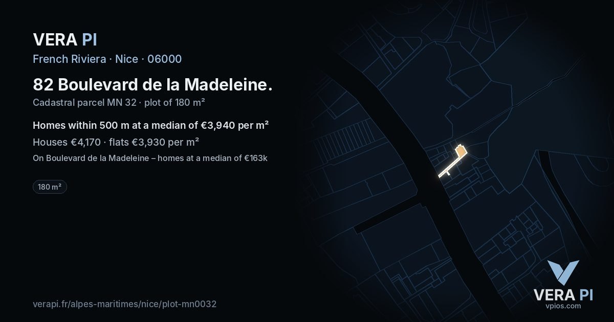 82 Boulevard de la Madeleine, Nice at night – the plot lit, the parcels around coloured by the prices near them