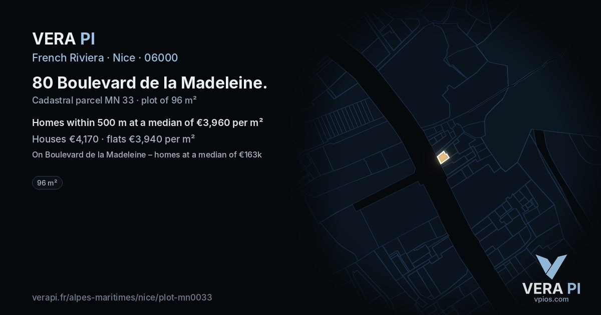 80 Boulevard de la Madeleine, Nice at night – the plot lit, the parcels around coloured by the prices near them