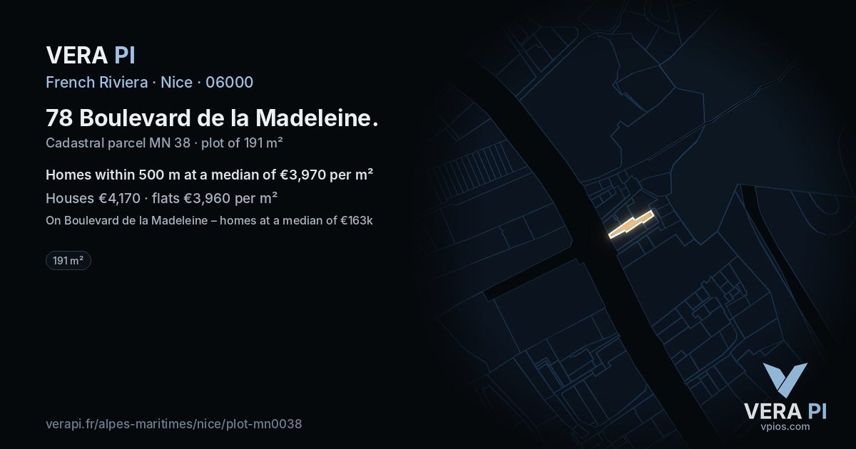 78 Boulevard de la Madeleine, Nice at night – the plot lit, the parcels around coloured by the prices near them