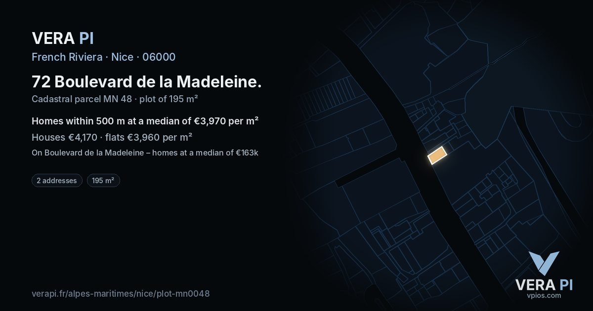72 Boulevard de la Madeleine, Nice at night – the plot lit, the parcels around coloured by the prices near them