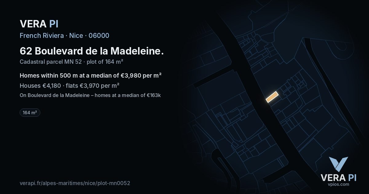 62 Boulevard de la Madeleine, Nice at night – the plot lit, the parcels around coloured by the prices near them