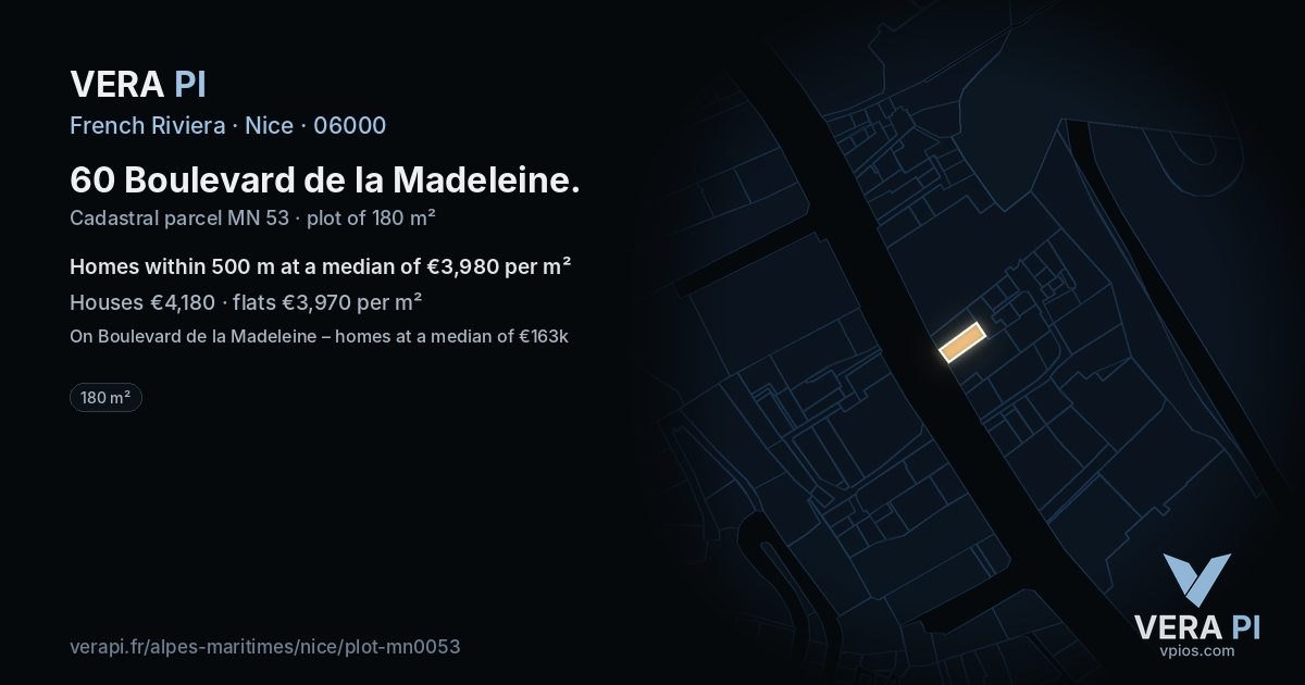 60 Boulevard de la Madeleine, Nice at night – the plot lit, the parcels around coloured by the prices near them