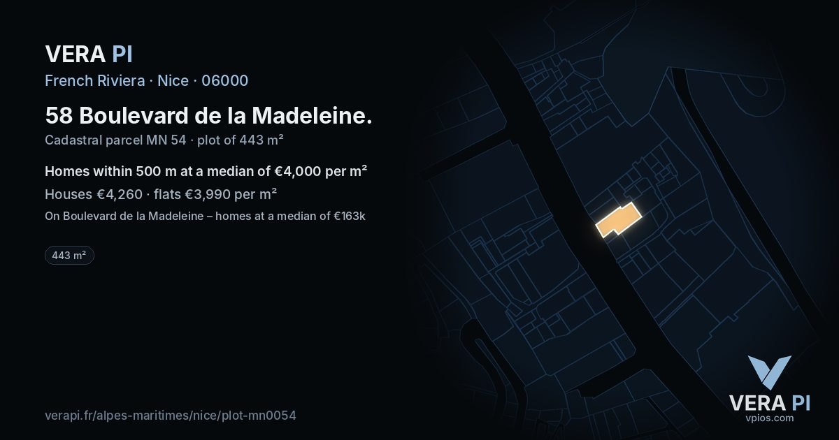 58 Boulevard de la Madeleine, Nice at night – the plot lit, the parcels around coloured by the prices near them