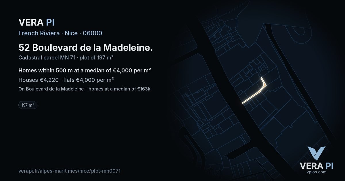 52 Boulevard de la Madeleine, Nice at night – the plot lit, the parcels around coloured by the prices near them