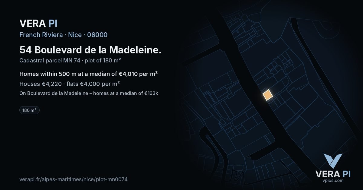 54 Boulevard de la Madeleine, Nice at night – the plot lit, the parcels around coloured by the prices near them