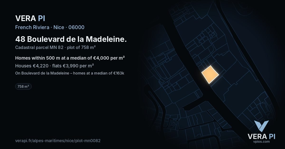48 Boulevard de la Madeleine, Nice at night – the plot lit, the parcels around coloured by the prices near them