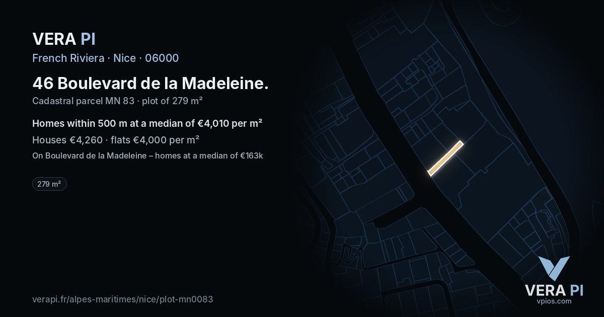 46 Boulevard de la Madeleine, Nice at night – the plot lit, the parcels around coloured by the prices near them