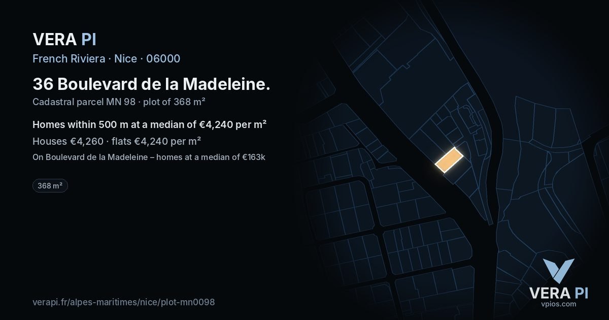 36 Boulevard de la Madeleine, Nice at night – the plot lit, the parcels around coloured by the prices near them
