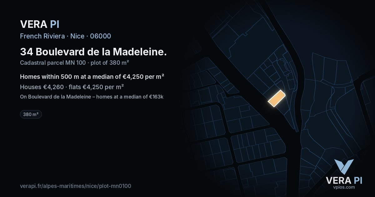 34 Boulevard de la Madeleine, Nice at night – the plot lit, the parcels around coloured by the prices near them