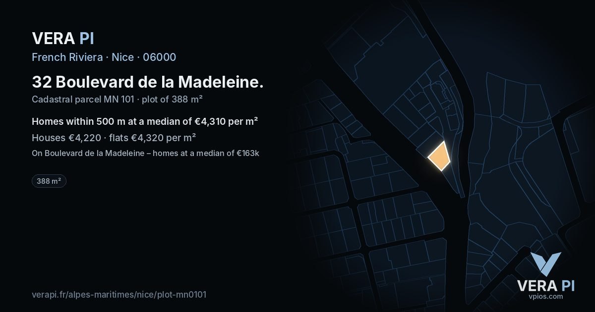 32 Boulevard de la Madeleine, Nice at night – the plot lit, the parcels around coloured by the prices near them