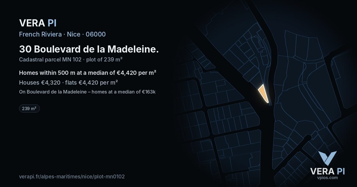30 Boulevard de la Madeleine, Nice at night – the plot lit, the parcels around coloured by the prices near them