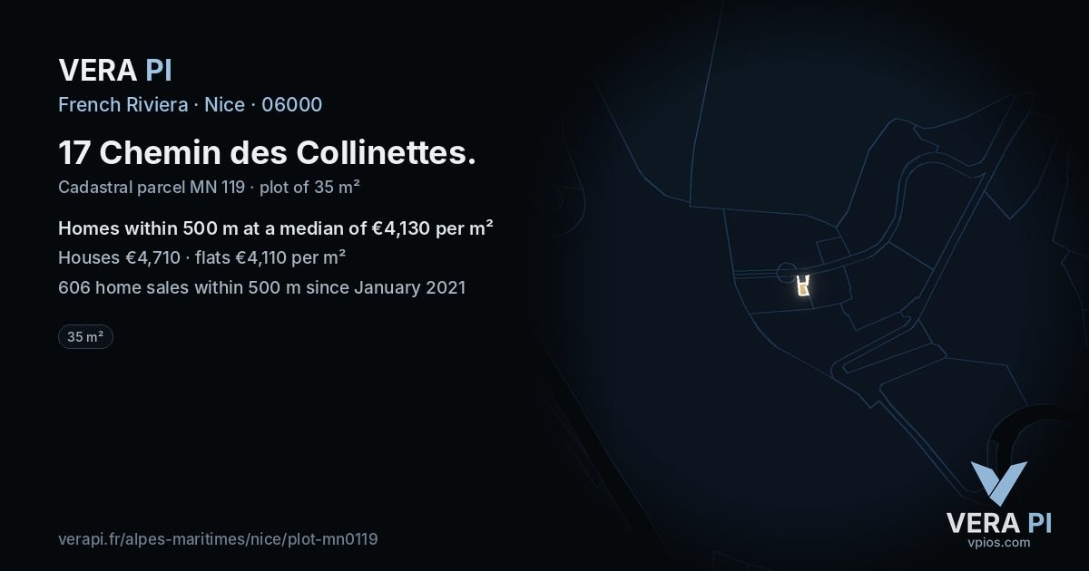 17 Chemin des Collinettes, Nice at night – the plot lit, the parcels around coloured by the prices near them
