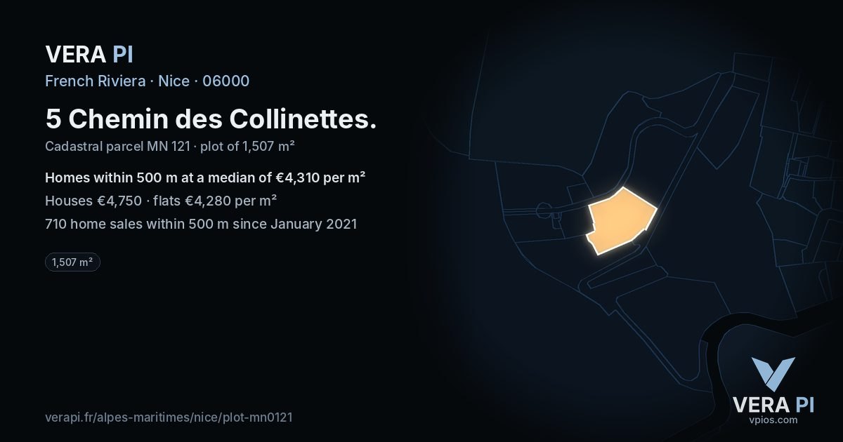 5 Chemin des Collinettes, Nice at night – the plot lit, the parcels around coloured by the prices near them