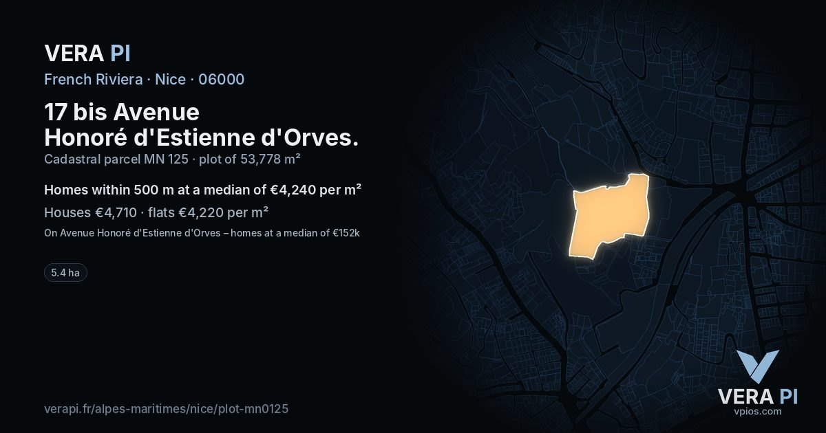 17 bis Avenue Honoré d'Estienne d'Orves, Nice at night – the plot lit, the parcels around coloured by the prices near them