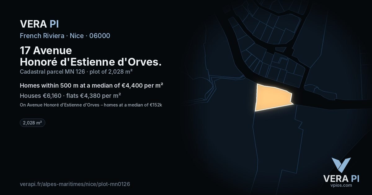 17 Avenue Honoré d'Estienne d'Orves, Nice at night – the plot lit, the parcels around coloured by the prices near them