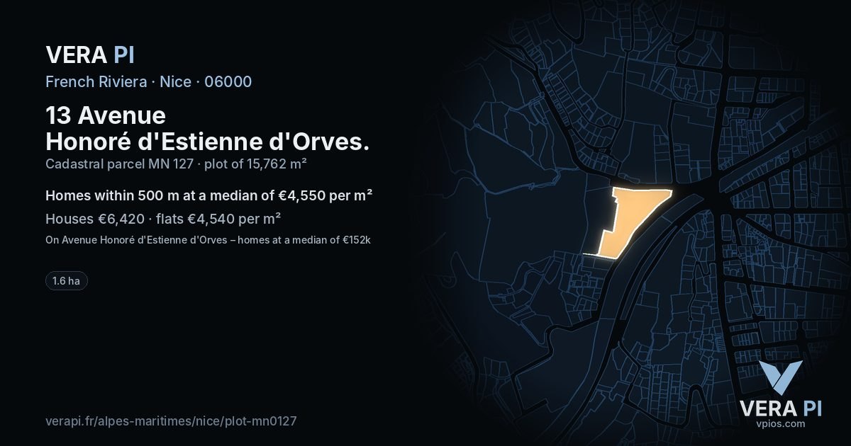 13 Avenue Honoré d'Estienne d'Orves, Nice at night – the plot lit, the parcels around coloured by the prices near them