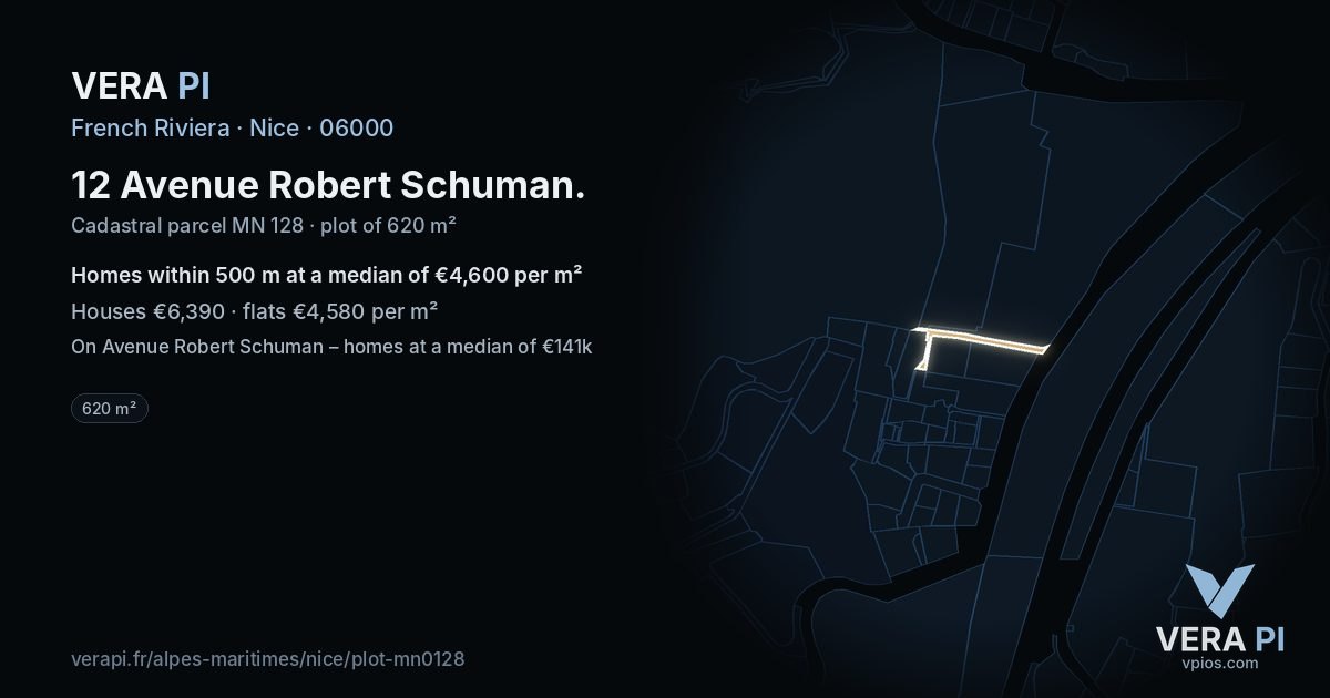 12 Avenue Robert Schuman, Nice at night – the plot lit, the parcels around coloured by the prices near them