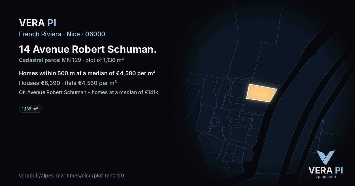 14 Avenue Robert Schuman, Nice at night – the plot lit, the parcels around coloured by the prices near them