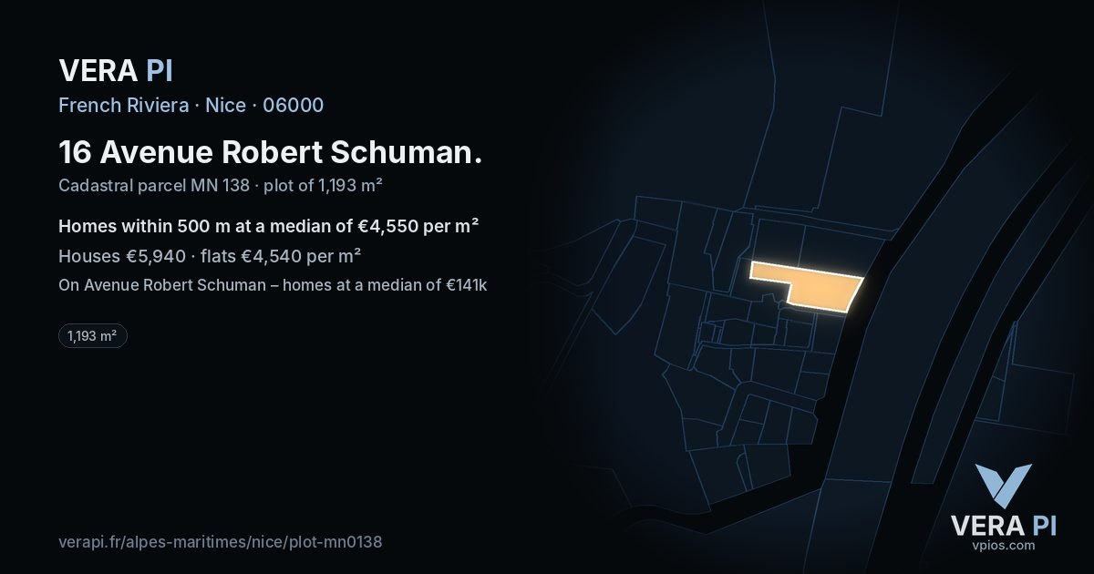 16 Avenue Robert Schuman, Nice at night – the plot lit, the parcels around coloured by the prices near them