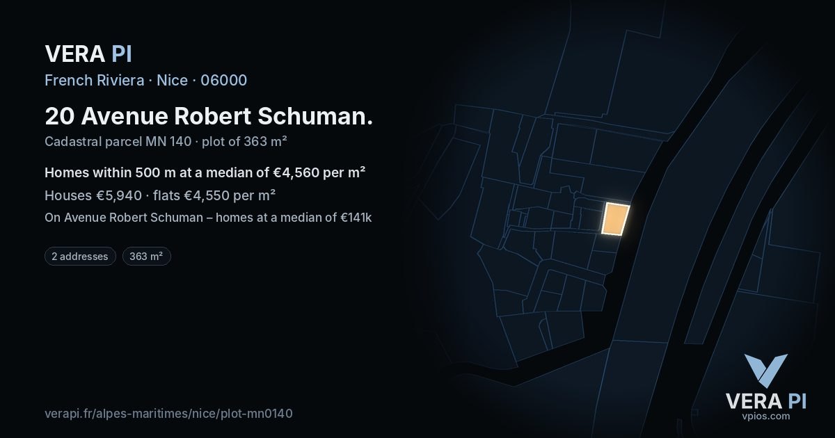 20 Avenue Robert Schuman, Nice at night – the plot lit, the parcels around coloured by the prices near them