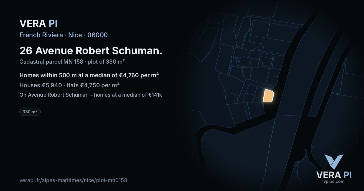 26 Avenue Robert Schuman, Nice at night – the plot lit, the parcels around coloured by the prices near them