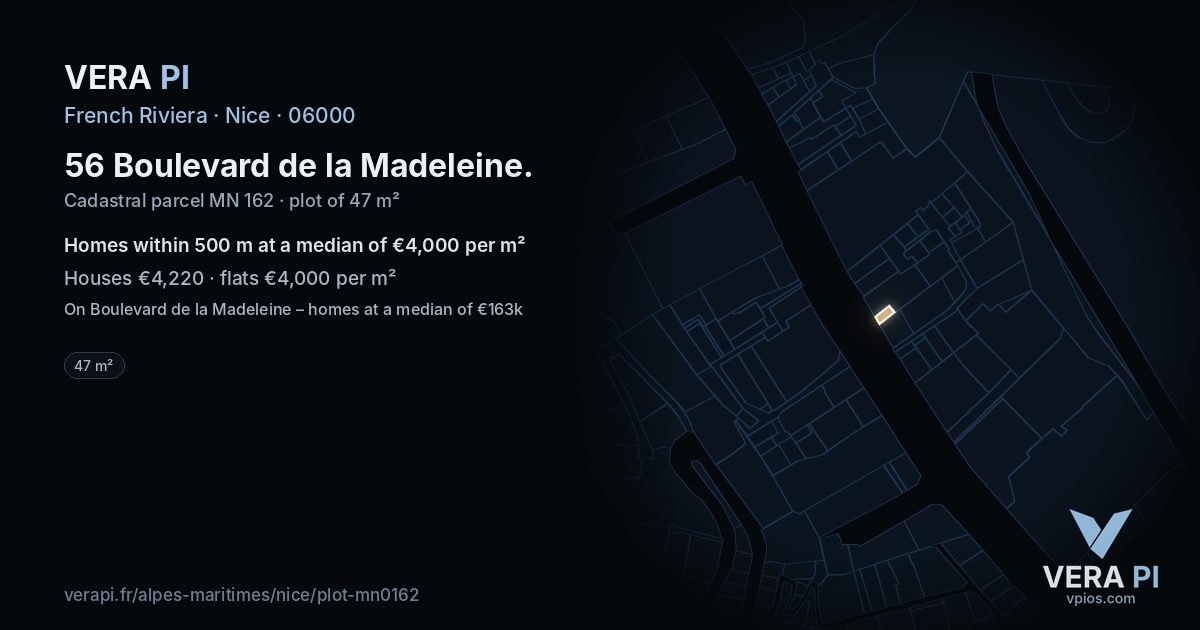 56 Boulevard de la Madeleine, Nice at night – the plot lit, the parcels around coloured by the prices near them