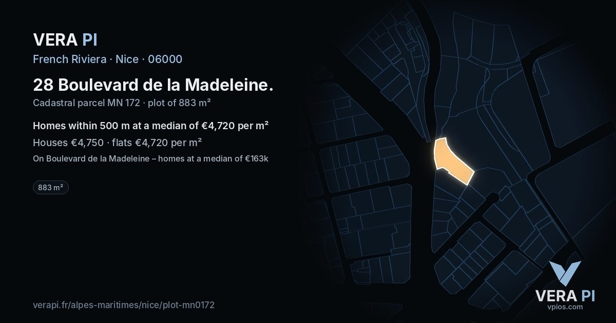 28 Boulevard de la Madeleine, Nice at night – the plot lit, the parcels around coloured by the prices near them