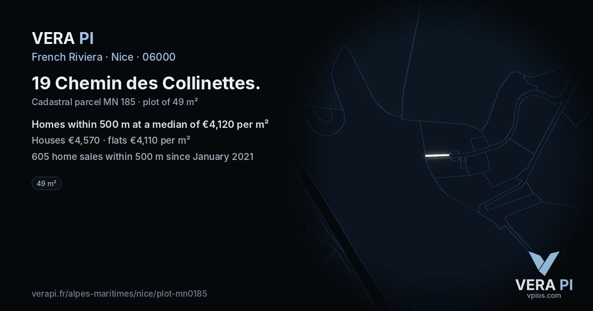 19 Chemin des Collinettes, Nice at night – the plot lit, the parcels around coloured by the prices near them