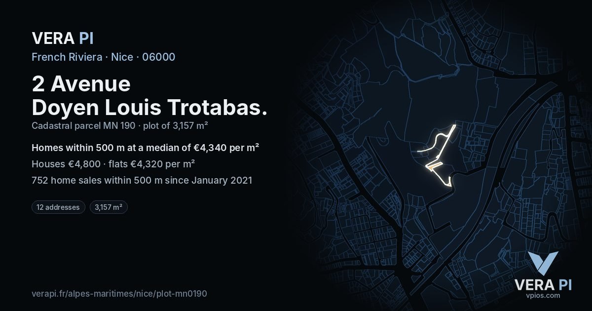2 Avenue Doyen Louis Trotabas, Nice at night – the plot lit, the parcels around coloured by the prices near them