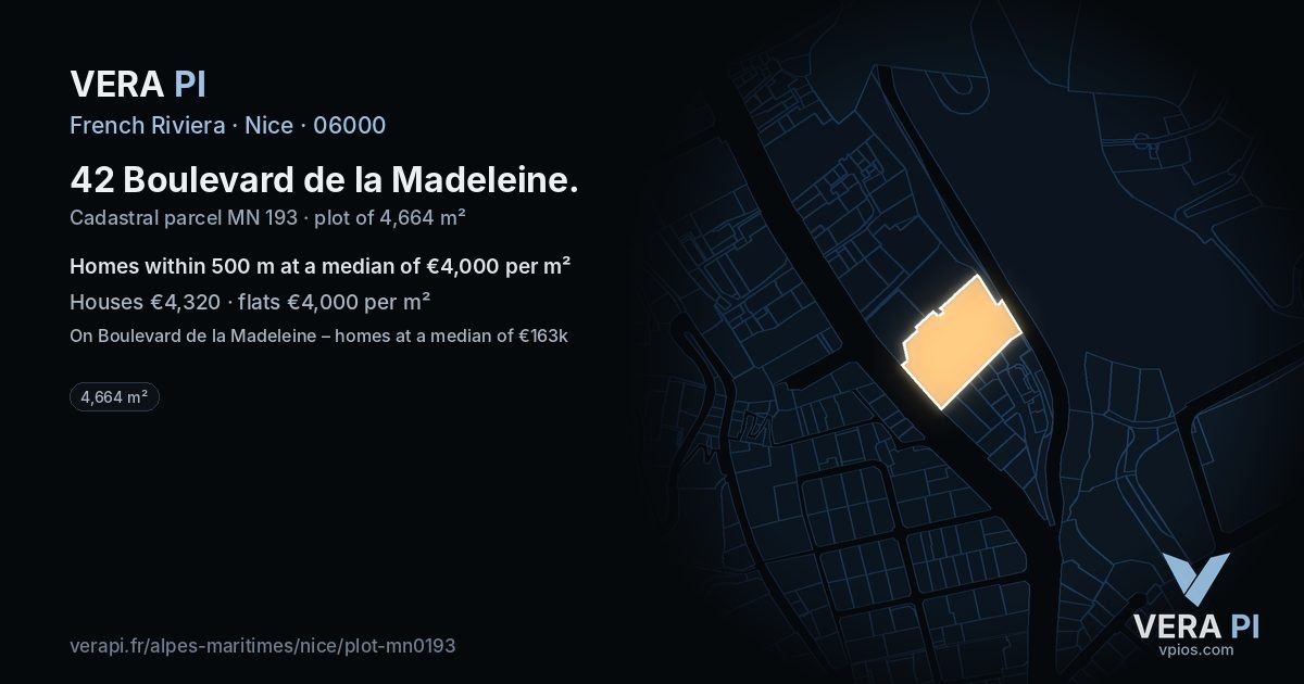 42 Boulevard de la Madeleine, Nice at night – the plot lit, the parcels around coloured by the prices near them