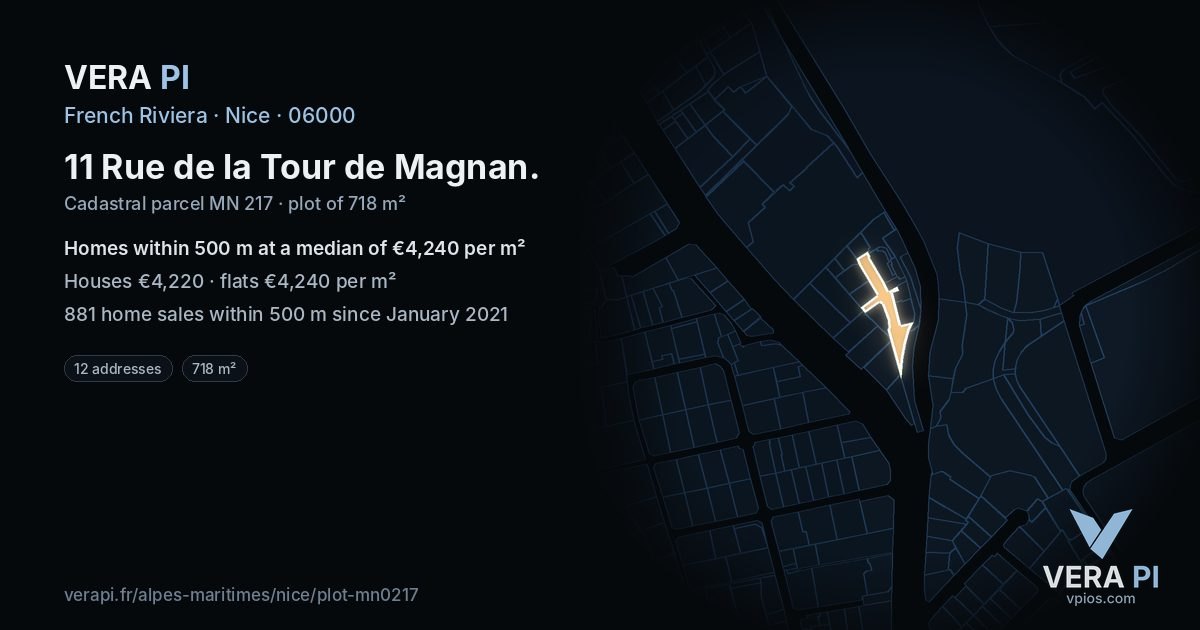 11 Rue de la Tour de Magnan, Nice at night – the plot lit, the parcels around coloured by the prices near them
